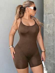 SHEIN SXY Đơn vị Nữ Lộ Lưng Hội Chữ thập màu trơn - màu nâu - Xem 5