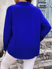 Vionelle Plus Solid Button Front Shirt Fall Cloth For Women - Royal Blue - View 3