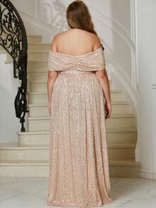 YISIKADO 大碼一字肩亮片正式連衣裙 - 香檳色 - 查看 2