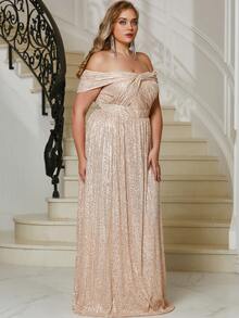 YISIKADO 大碼一字肩亮片正式連衣裙 - 香檳色 - 查看 4