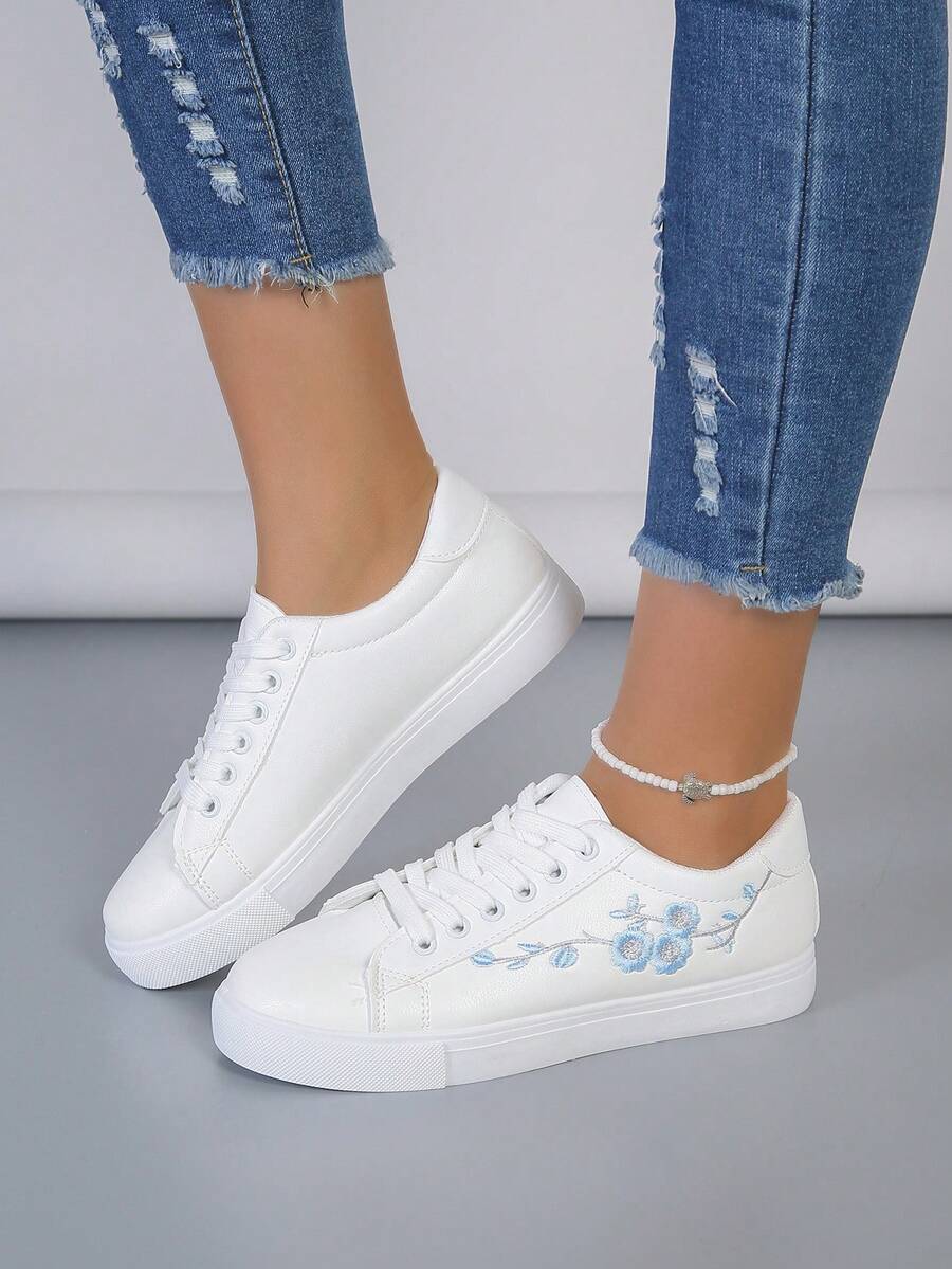 Sporty Skate Shoes For Women, Embroidered Flower Detail Lace-up Front Sneakers - White - View 1