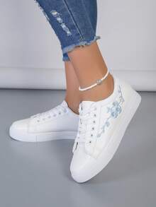 Sporty Skate Shoes For Women, Embroidered Flower Detail Lace-up Front Sneakers - White - View 5
