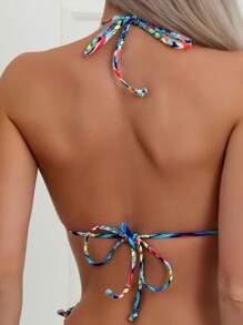 SHEIN Swim Summer Beach Allover Print Halter Triangle Bikini Top - Multicolor - View 2