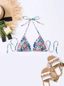 SHEIN Swim Summer Beach Allover Print Halter Triangle Bikini Top - Multicolor - View 7