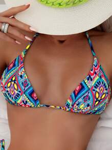 SHEIN Swim Summer Beach Allover Print Halter Triangle Bikini Top - Multicolor - View 8
