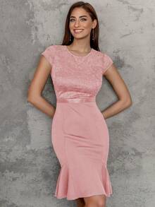 MIUSOL 蕾絲拼接魚尾裙下擺緊身洋裝 - 淺粉色 - 查看 6