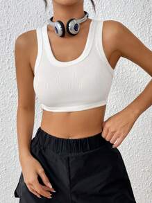 SHEIN EZwear Áo khoác và áo lót dành cho xe tăng nữ Gân đan màu trơn Giải trí - trắng - Xem 3