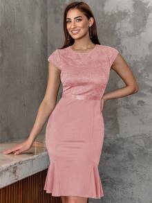 MIUSOL 蕾絲拼接魚尾裙下擺緊身洋裝 - 淺粉色 - 查看 8