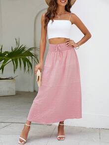 SHEIN VCAY Váy nữ Dải chun Thắt nơ trước màu trơn Giải trí - Bụi hồng - Xem 4