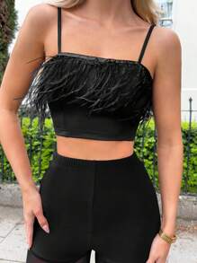 SHEIN Privé 派對仿皮草拼接 拉鍊純色女士背心 - 黑色 - 查看 1