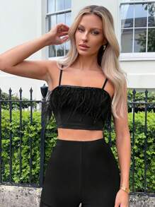 SHEIN Privé 派對仿皮草拼接 拉鍊純色女士背心 - 黑色 - 查看 3