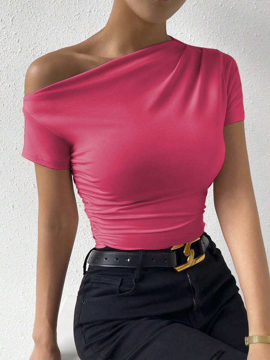SHEIN Privé Solid Asymmetrical Neck Ruched Side Tee - Hot Pink - View 1