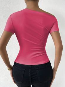 SHEIN Privé Solid Asymmetrical Neck Ruched Side Tee - Hot Pink - View 2
