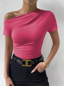 SHEIN Privé Solid Asymmetrical Neck Ruched Side Tee - Hot Pink - View 3