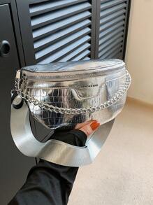 Mini Bum Bag Funky Metallic Chain Decor Zipper PU - Silver - View 1