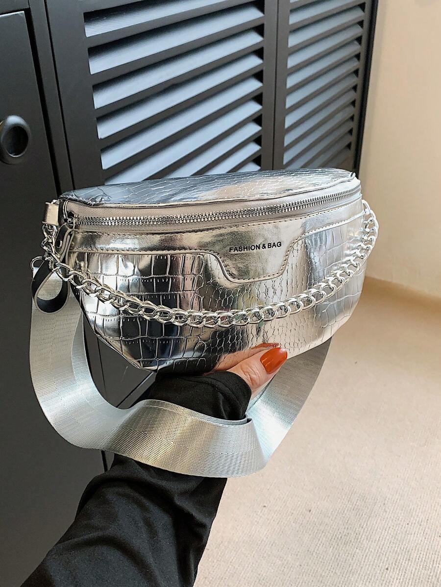 Mini Bum Bag Funky Metallic Chain Decor Zipper PU - Silver - View 1