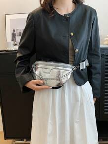 Mini Bum Bag Funky Metallic Chain Decor Zipper PU - Silver - View 3