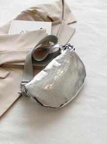 Mini Bum Bag Funky Metallic Chain Decor Zipper PU - Silver - View 4