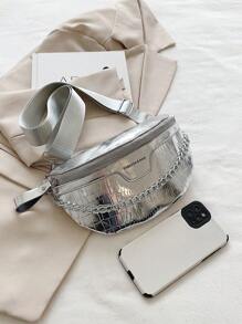 Mini Bum Bag Funky Metallic Chain Decor Zipper PU - Silver - View 5