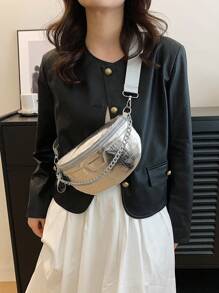 Mini Bum Bag Funky Metallic Chain Decor Zipper PU - Silver - View 6
