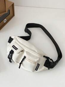 White Fanny Pack Letter Patch Decor Release Buckle Zipper - White - View 1