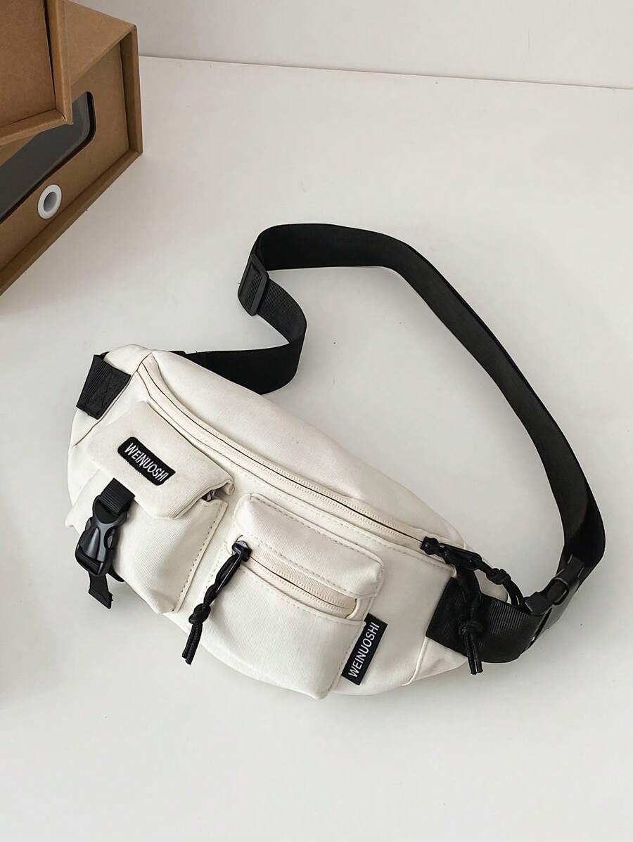 White Fanny Pack Letter Patch Decor Release Buckle Zipper - White - View 1