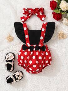 SHEIN Playful Pals Baby Girl Polka Dot Ruffle Trim Bow Front Bodysuit & Headband