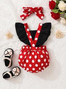 SHEIN Playful Pals Baby Girl Polka Dot Ruffle Trim Bow Front Bodysuit & Headband