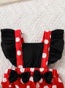 SHEIN Playful Pals Baby Girl Polka Dot Ruffle Trim Bow Front Bodysuit & Headband