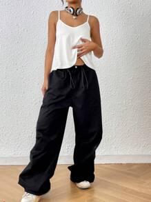 SHEIN EZwear Women's Summer Solid White Loose Casual V Neck Strappy Tank Tops