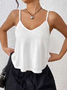 SHEIN EZwear Women's Summer Solid White Loose Casual V Neck Strappy Tank Tops