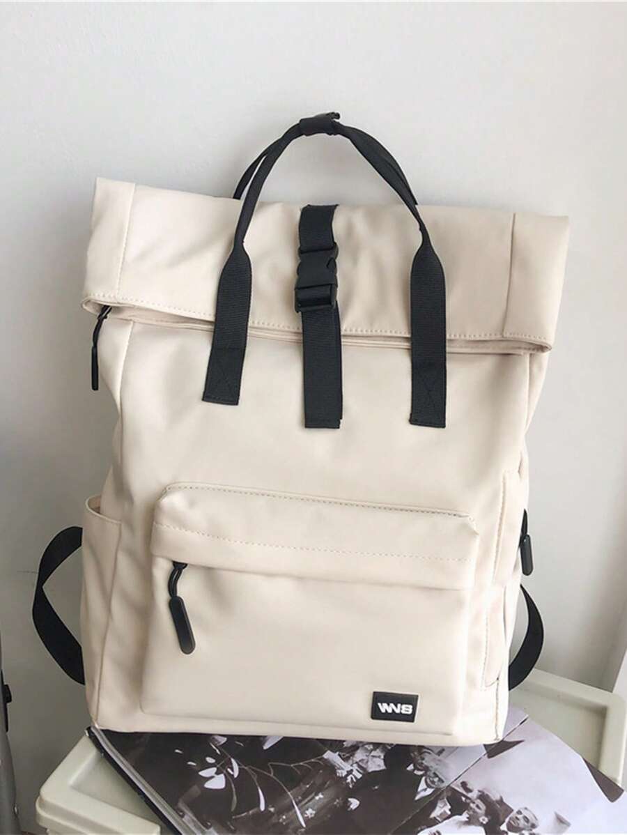 15inch Waterproof Foldable Patch Detail Flap Backpack Release Buckle Decor Beige Anti-Theft - Beige - View 1
