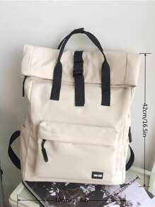 15inch Waterproof Foldable Patch Detail Flap Backpack Release Buckle Decor Beige Anti-Theft - Beige - View 3