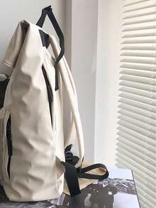 15inch Waterproof Foldable Patch Detail Flap Backpack Release Buckle Decor Beige Anti-Theft - Beige - View 8