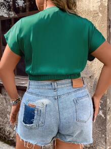 SHEIN Unity Áo sơ mi Plus Size xoắn lại màu trơn Giải trí - màu xanh lá - Xem 2