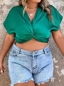 SHEIN Unity Áo sơ mi Plus Size xoắn lại màu trơn Giải trí - màu xanh lá - Xem 5