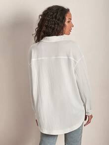 SHEIN Frenchy Solid Button Front Drop Shoulder Shirt Casual - White - View 2