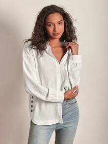SHEIN Frenchy Solid Button Front Drop Shoulder Shirt Casual - White - View 5