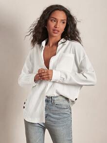 SHEIN Frenchy Solid Button Front Drop Shoulder Shirt Casual - White - View 6