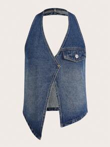 Aveloria Affinna 不對稱下擺繞頸露背牛仔上衣 - 中等水洗藍 - 查看 1