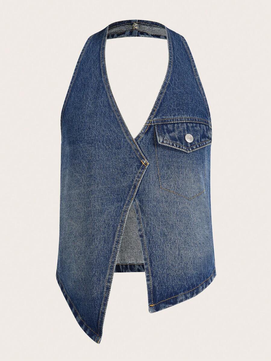 Aveloria Affinna 不對稱下擺繞頸露背牛仔上衣 - 中等水洗藍 - 查看 1