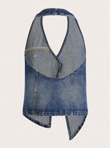 Aveloria Affinna 不對稱下擺繞頸露背牛仔上衣 - 中等水洗藍 - 查看 2