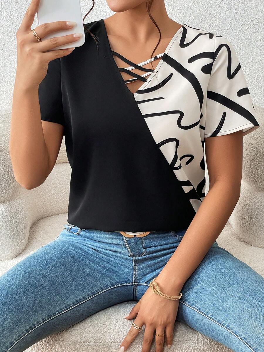 SHEIN Essnce Graphic Print Criss Cross Front Blouse - Black and White - View 1