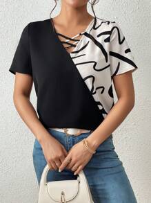 SHEIN Essnce Graphic Print Criss Cross Front Blouse - Black and White - View 5