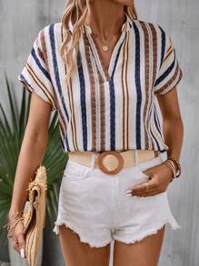 SHEIN LUNE 條紋印花蝙蝠袖四分之一無紐扣開襟襯衫 - 彩色 - 查看 4