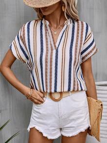 SHEIN LUNE 條紋印花蝙蝠袖四分之一無紐扣開襟襯衫 - 彩色 - 查看 3