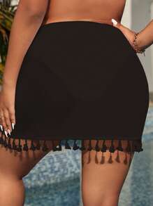 Swim Vcay Plus Size Tassel Trim Drawstring Side Mesh Beach Skirt Summer - Black - View 3