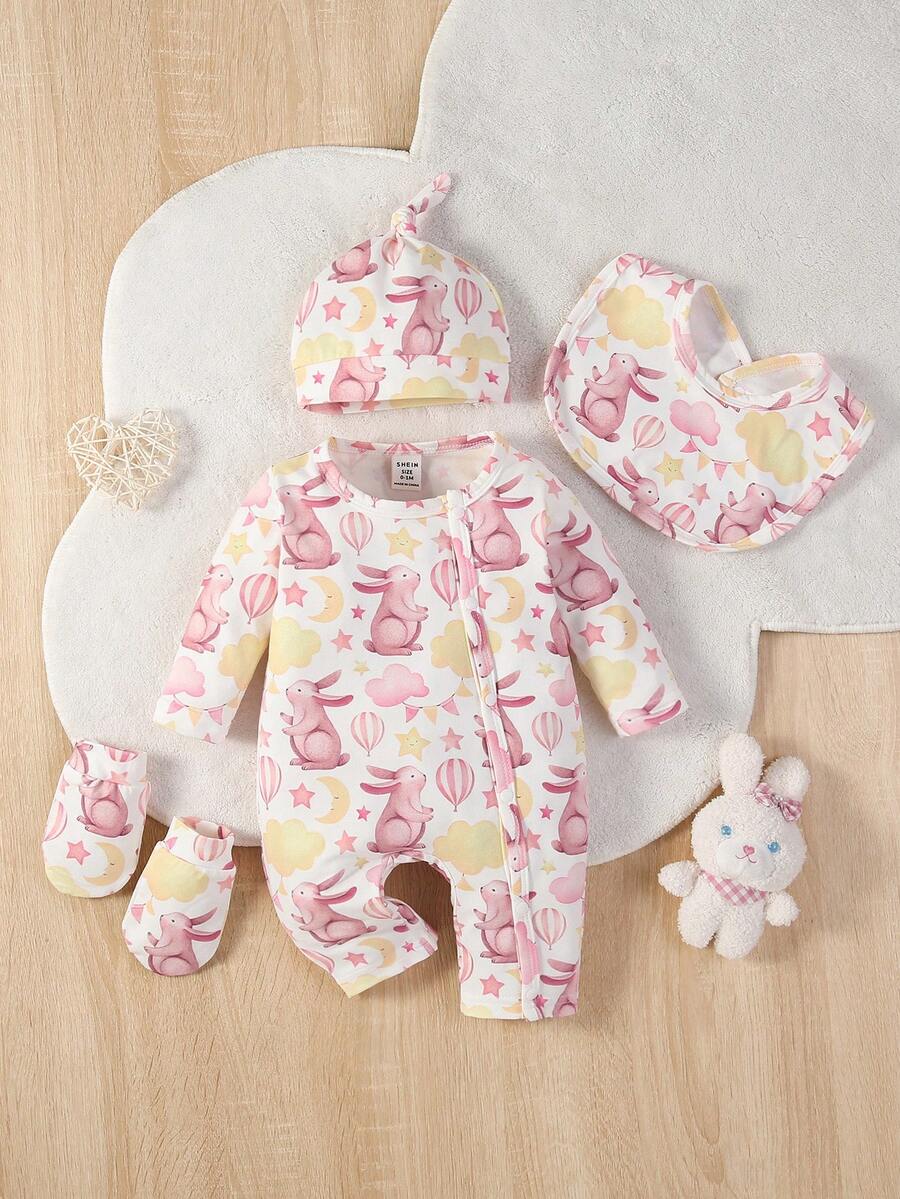 嬰兒卡通兔圖案連體睡衣和帽和圍兜和1雙手套 - 彩色 - 查看 1
