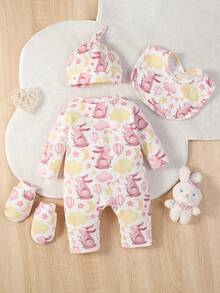 嬰兒卡通兔圖案連體睡衣和帽和圍兜和1雙手套 - 彩色 - 查看 2