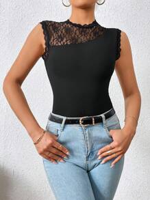 SHEIN Privé Contrast Lace Mock Neck Bodysuit - Black - View 1